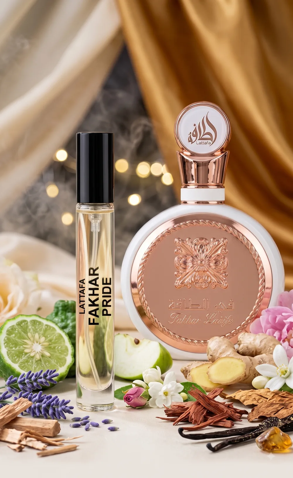 Frasco de Fakhar Pride (Lattafa) junto a los ingredientes reales de su fórmula